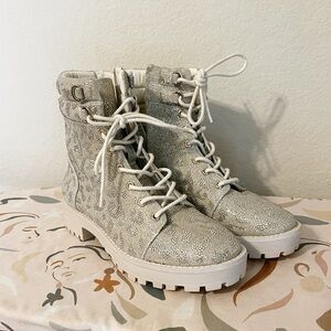 Gianni Bini Animal Print Rhinestone Champagne Combat Boots